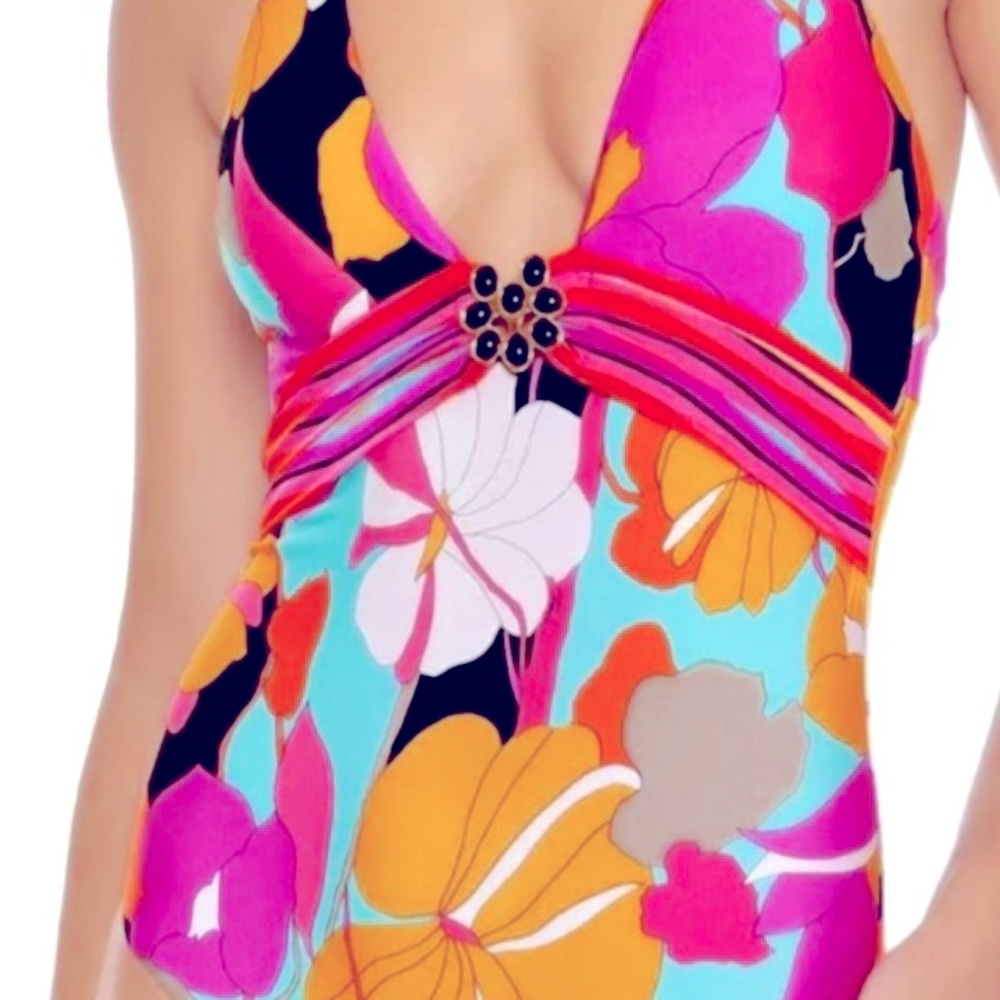 Trina Turk - Gemini Plunge Maillot Swimsuit- Sz 14 - Multicolor